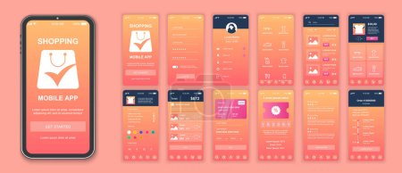 Shopping mobile app interface screens template set. Online account, assortment shop, goods choose and ordering, credit card payment. Pack of UI, UX, GUI kit for application web layout. Vector design.