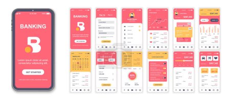 Illustration for Banking mobile app interface screens template set. Account login, financial statistics, credit card management, calendar, transfers. Pack of UI, UX, GUI kit for application web layout. Vector design. - Royalty Free Image