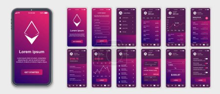 Illustration for Crypto mobile app interface screens template set. Account login, earnings data, trading graph, profit balance, investment profit. Pack of UI, UX, GUI kit for application web layout. Vector design. - Royalty Free Image