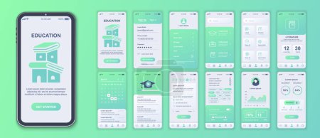 Illustration for Education mobile app interface screens template set. Account login, learning list at platform, literature lesson, progress data. Pack of UI, UX, GUI kit for application web layout. Vector design. - Royalty Free Image