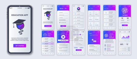 Illustration for Education mobile app interface screens template set. Account login, study list, physics lesson and test, progress data, calendar. Pack of UI, UX, GUI kit for application web layout. Vector design. - Royalty Free Image