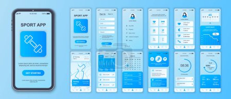 Illustration for Fitness mobile app interface screens template set. Account login, activity information, trainings list, weight, route map, graphs. Pack of UI, UX, GUI kit for application web layout. Vector design. - Royalty Free Image