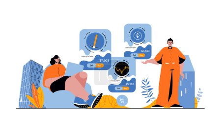 Illustration for Cryptocurrency marketplace web concept with people in flat cartoon design. Woman and man earning money at platform, trading coins. Vector illustration for social media banner, marketing material. - Royalty Free Image
