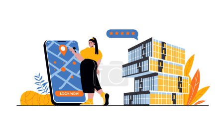 Illustration for Hotel booking web concept with people in flat cartoon design. Woman finding apartment for travel accommodation, ordering room in app. Vector illustration for social media banner, marketing material. - Royalty Free Image