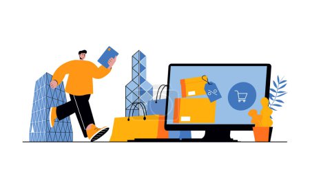 Illustration for Shopping web concept with people in flat cartoon design. Man making purchases and ordering online, paying and using delivery service. Vector illustration for social media banner, marketing material. - Royalty Free Image