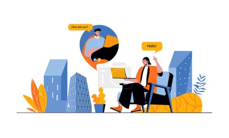 Illustration for Video conference web concept with people in flat cartoon design. Woman and man talking in video calling, connecting distantly online. Vector illustration for social media banner, marketing material. - Royalty Free Image