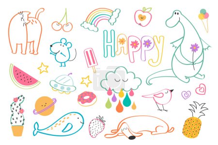 Illustration for Cute doodle linear symbols and pets mega set in flat design. Bundle elements of cat, cherry, rainbow, apple, dragon, ice cream, watermelon, mouse, other. Vector illustration isolated graphic objects - Royalty Free Image