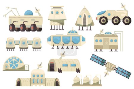 Ilustración de Mega colonización marciana ambientada en diseño plano. Elementos del paquete de maquinaria, rovers, satélites y equipos de robots para la estación de misión de exploración espacial. Ilustración vectorial objetos gráficos aislados - Imagen libre de derechos