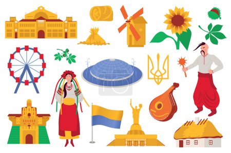 Illustration for Ukraine culture symbols mega set in flat design. Bundle elements of ukrainians, yellow and blue flag, trident, chestnut, sunflower, Kyiv architecture. Vector illustration isolated graphic objects - Royalty Free Image