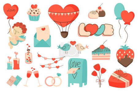 Ilustración de San Valentín símbolos mega conjunto en diseño plano. Elementos del paquete de cupido, cupcakes, globo de aire caliente, caramelos, carta de amor, pájaros, dulces, flores, regalos. Ilustración vectorial objetos gráficos aislados - Imagen libre de derechos