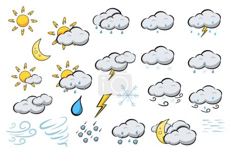 Illustration for Weather symbols mega set in flat design. Bundle elements of sun, moon, clouds with rain, lightnings, snow, wind, thunderstorm, cute meteorology pictograms. Vector illustration isolated graphic objects - Royalty Free Image