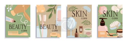 Illustration for Beauty care salon cover brochure set in flat design. Poster templates with cosmetic products, creams, tubes, lotions and bottles massage brush for body treatment and therapy. Vector illustration. - Royalty Free Image