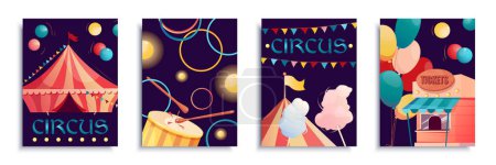 Illustration for Circus cover brochure set in flat design. Poster templates with colourful tent for art performance, flying balloons, acrobat show, drums, tickets kiosk, cotton candy, garlands. Vector illustration. - Royalty Free Image