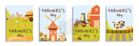 Téléchargez les illustrations : Brochure de couverture de jour fermier en design plat. Modèles d'affiches avec terres agricoles et ranch pour la récolte et le jardinage, la volaille et l'élevage, l'ensemencement des champs de plantation. Illustration vectorielle. - en licence libre de droit