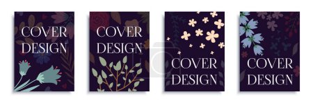 Illustration for Flowers and plants cover brochure set in flat design. Poster templates with dark wildflowers, abstract daisy, herbs, leaves on twigs and branches. Elegant blossom bouquets cards. Vector illustration. - Royalty Free Image
