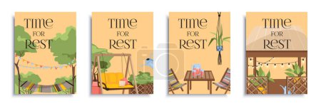 Illustration for Garden rest cover brochure set in flat design. Poster templates with relax at backyard with hammock, outdoor furnitures, wooden gazebo, summer terrace and patio with greenery. Vector illustration. - Royalty Free Image
