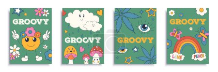 Illustration for Groovy cover brochure set in flat design. Poster templates with romantic retro style hippie 60s 70s with cute mascots, daisy, hearts, stars, clouds, mushrooms, eyes and other. Vector illustration. - Royalty Free Image
