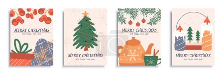 Illustration for Merry Christmas 2024 cover brochure set in flat design. Poster templates with Xmas gifts, holly berries, festive tree, fir branches, kettle, candles, other celebration decor. Vector illustration. - Royalty Free Image