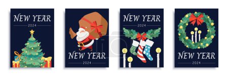 Illustration for New Year 2024 cover brochure set in flat design. Poster templates with Christmas tree and gifts, Santa Claus with big bag, socks and holly wreath, candles, other holiday decor. Vector illustration. - Royalty Free Image