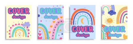 Illustration for Cute rainbows cover brochure set in flat design. Poster templates with hand drawn doodle arcs with hearts, sun, moon, rainy clouds and colorful elements in scandinavian style. Vector illustration. - Royalty Free Image