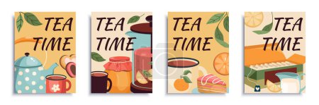 Téléchargez les illustrations : Brochure de couverture de thé en forme de plat. Modèles d'affiches avec bouilloire confortable, tasses et tasses avec boisson, miel ou confiture, lait en pot, citrons, gâteaux, biscuits, paquets de thé en boîte. Illustration vectorielle. - en licence libre de droit
