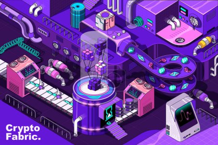 Illustration for Crypto mining web concept in 3d isometric design. Cryptocurrency virtual farming, online trading coins. Abstract fabric production line in isometry graphic for corporate poster. Vector illustration. - Royalty Free Image