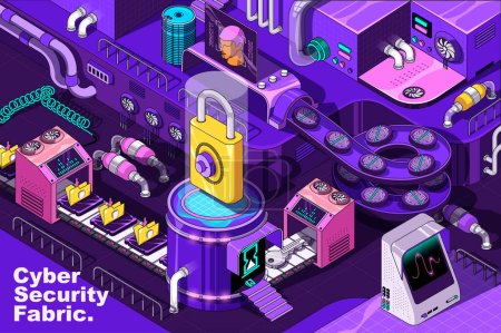 Illustration for Cyber security web concept in 3d isometric design. Personal data protection system with fingerprint scan. Abstract fabric production line in isometry graphic for corporate poster. Vector illustration. - Royalty Free Image