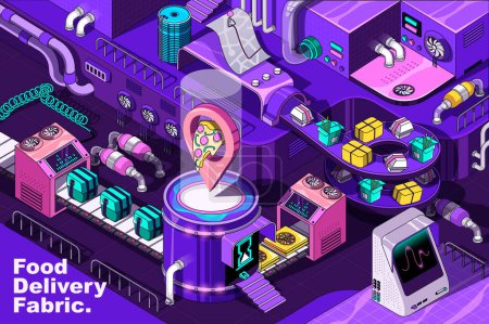 Illustration for Food delivery web concept in 3d isometric design. Fast courier shipping pizza orders to home location. Abstract fabric production line in isometry graphic for corporate poster. Vector illustration. - Royalty Free Image
