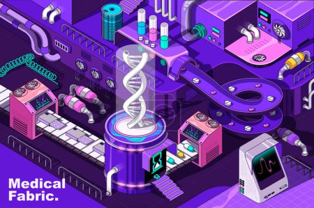 Illustration for Medical laboratory web concept in 3d isometric design. Medicine system, genetic research, pharmacy. Abstract fabric production line in isometry graphic for corporate poster. Vector illustration. - Royalty Free Image