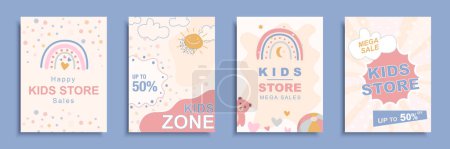 Illustration for Kids store sale cover brochure set in flat design. Poster templates with discount promotion and special offer cards with cute hand drawn rainbows for clearance in children shop. Vector illustration. - Royalty Free Image
