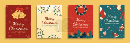 Illustration for Merry Christmas 2024 cover brochure set in flat design. Poster templates with bells with bow, garland lights, wreath with pine cones and xmas decor, festive, socks and candies. Vector illustration. - Royalty Free Image