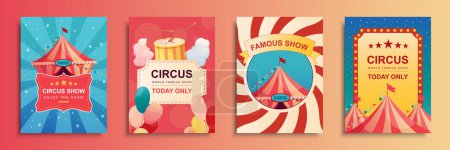 Illustration for Circus show cover brochure set in flat design. Poster templates with striped tent for acrobat, clown or magician art performances, balloons, cotton candy, carnival tickets. Vector illustration. - Royalty Free Image