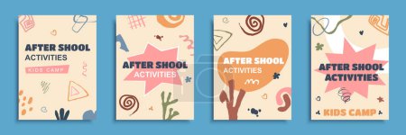 Illustration for After school activities cover brochure set in flat design. Poster templates with cute symbols shapes print for kids camps, learning programs, creativity workshops, hobby classes. Vector illustration - Royalty Free Image