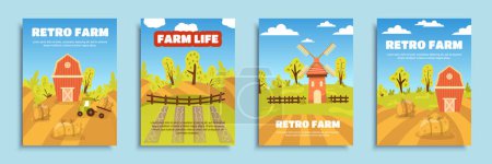 Illustration for Retro farm cover brochure set in flat design. Poster templates with wooden barns and mills, tractors by haystacks, fields, farmland plantations, gardening and agronomy business. Vector illustration - Royalty Free Image