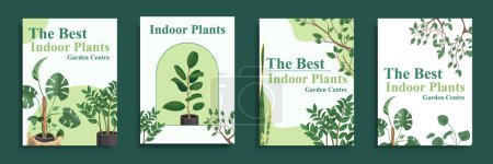 Illustration for Indoor plants cover brochure set in flat design. Poster templates with house potted greenery, monstera, ficus, fern and other urban jungle elements for home or office interior. Vector illustration - Royalty Free Image