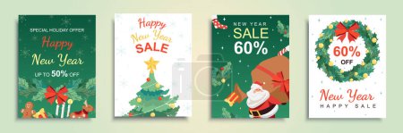 Illustration for Happy New Year 2024 sales cover brochure set in flat design. Poster templates with seasonal shopping clearance and discount offer with Santa Claus with gift festive tree and decor. Vector illustration - Royalty Free Image