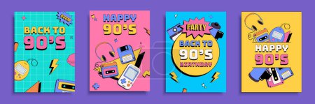 Illustration for Back to 90s party cover brochure set in flat design. Poster templates with happy nineties symbols, neo brutalism, gamepad and devices, headphones and other old pop culture signs. Vector illustration - Royalty Free Image