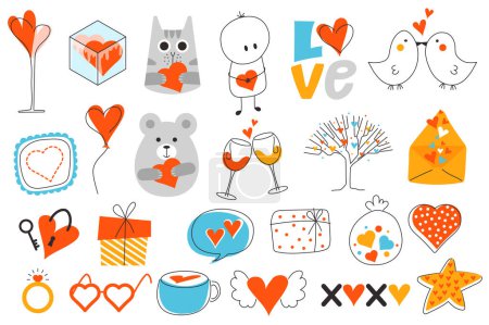 Illustration for Valentine Day mega set in flat design. Bundle elements of heart couple, cute cat and bear, kiss birds, balloons, champagne in glasses, love letter, other. Vector illustration isolated graphic objects - Royalty Free Image