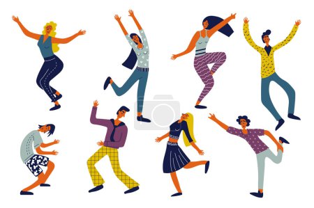 Téléchargez les illustrations : Les gens dansent ensemble dans la conception de caractères plats pour le web. Regroupez des personnes de différentes femmes et hommes en mouvement, célébrant et se déplaçant à la discothèque, sautant pour le plaisir et la joie à la discothèque. Illustration vectorielle. - en licence libre de droit
