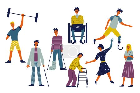 Illustration for Disability people set in flat character design for web. Bundle persons of different disabled women and men with in wheelchair, prosthesis and amputations have active lifestyle. Vector illustration. - Royalty Free Image
