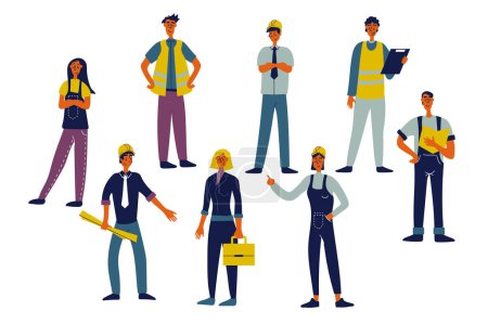 Illustration for Engineers people set in flat character design for web. Bundle persons of different women and men work as builders, architects and contractors in job uniform with blueprints. Vector illustration. - Royalty Free Image