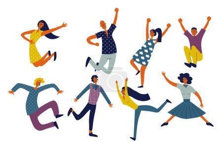 Illustration for People jumping set in flat character design for web. Bundle persons of different excited women and men jumping and celebrating success and victory, having positive energetic. Vector illustration. - Royalty Free Image