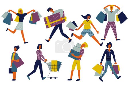Illustration for People shopping set in flat character design for web. Bundle persons of different women and men with bags, boxes and supermarket trolleys making purchases and ordering in shops. Vector illustration. - Royalty Free Image