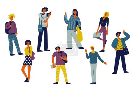 Illustration for Students people set in flat character design for web. Bundle persons of different young women and men with bags and backpacks studying in university, standing and reading books. Vector illustration. - Royalty Free Image