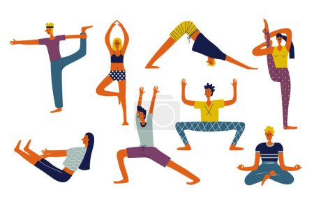 Ilustración de La gente hace asanas de yoga ambientadas en diseño de carácter plano para web. Paquete de personas de diferentes mujeres y hombres practicando pilates, haciendo la posición de equilibrio, la práctica de posturas de estiramiento. Ilustración vectorial. - Imagen libre de derechos