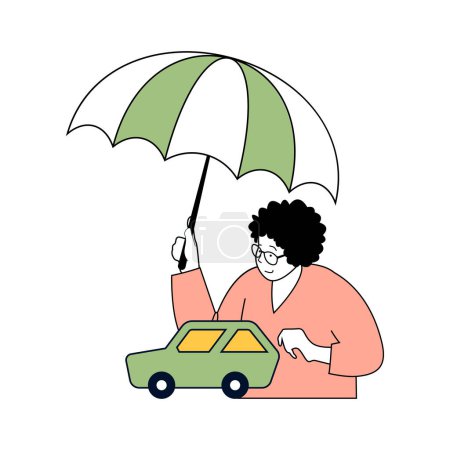 Ilustración de Concepto de servicio de seguros con personas de dibujos animados en diseño plano para web. Mujer sostiene paraguas debajo del coche, compra la política de protección de accidentes. Ilustración vectorial para banner de redes sociales, material de marketing. - Imagen libre de derechos