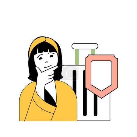 Illustration for Insurance service concept with cartoon people in flat design for web. Woman with luggage using travel insurance for protect traveling. Vector illustration for social media banner, marketing material. - Royalty Free Image