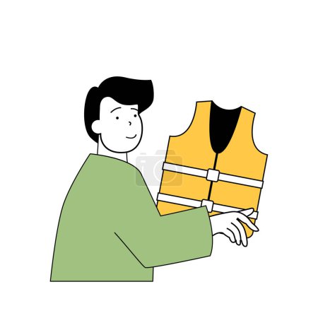 Illustration for Insurance service concept with cartoon people in flat design for web. Insured man using life vest for health care and life protection. Vector illustration for social media banner, marketing material. - Royalty Free Image