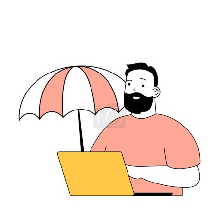 Illustration for Insurance service concept with cartoon people in flat design for web. Man works at laptop and using social support, financial benefits. Vector illustration for social media banner, marketing material. - Royalty Free Image