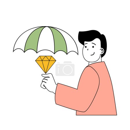 Illustration for Insurance service concept with cartoon people in flat design for web. Man gets assurance policy and uses umbrella protect with quality. Vector illustration for social media banner, marketing material. - Royalty Free Image